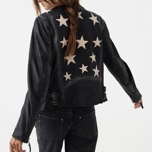 Black Leather Jacket with Star Accents FREE PEOPLE